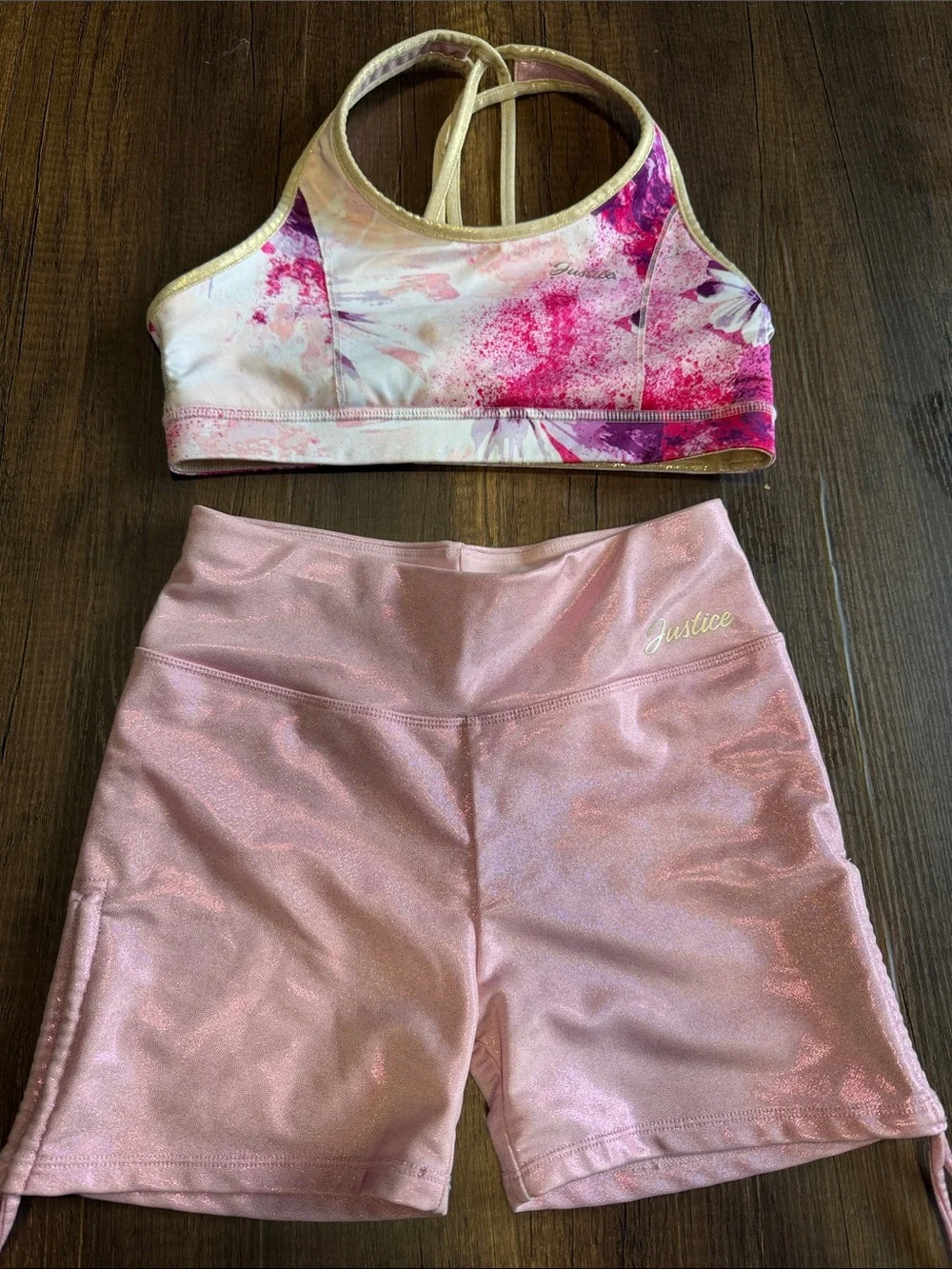 Justice Pink Shimmer Bike‎ Shorts with Pink Watercolor Sports Bra
